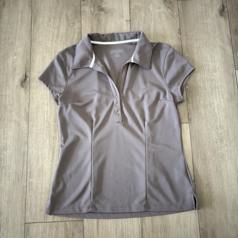 Athleta Polo Medium Brown Snap Front Short Sleeve Made In USA